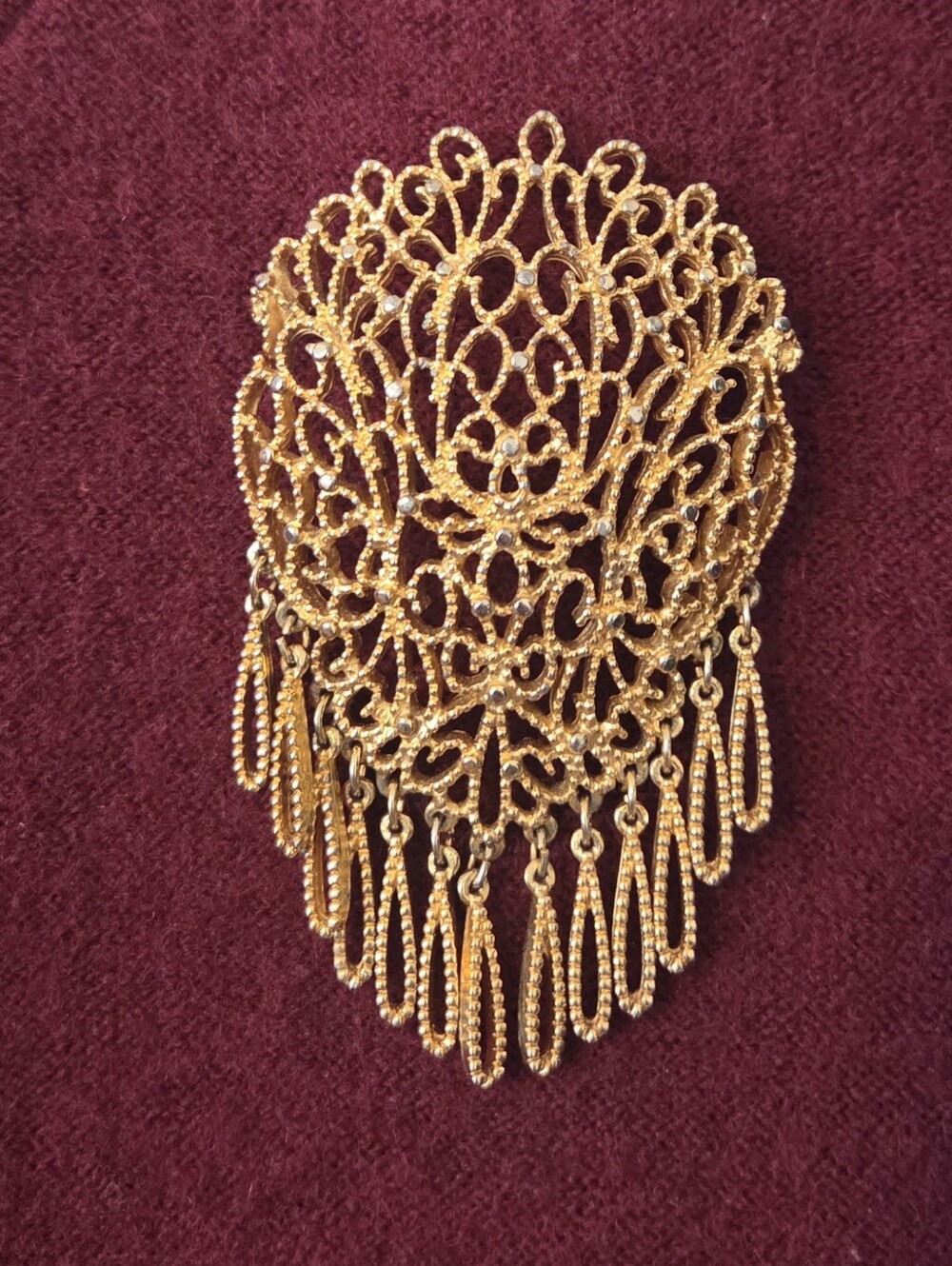 Vintage Gold-Tone Openwork Filigree Dangling Brooch